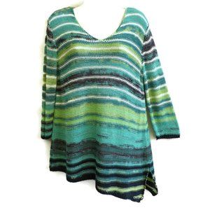 Chicos Green Stripe Sweater Knit V Asymmetrical Long Sleeve Cotton Blend 2 12 L
